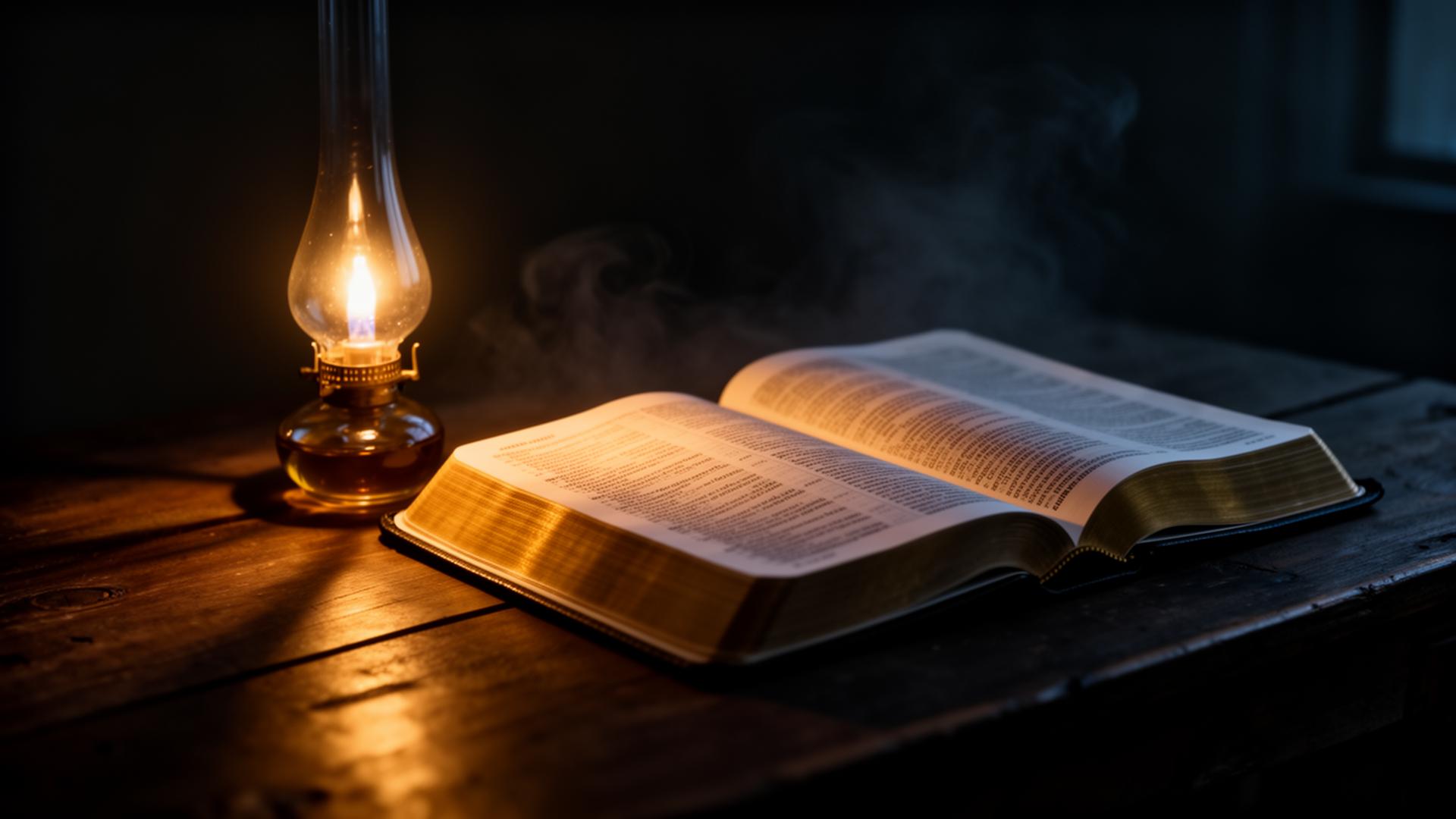 Open Bible illuminated by lamplight